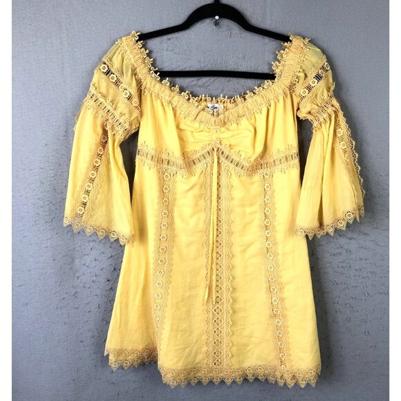 Charo Ruiz Tops - Charo Ruiz Ibiza Top Womens M Yellow Lace Boho Bell Sleeve Babydoll Milkmaid